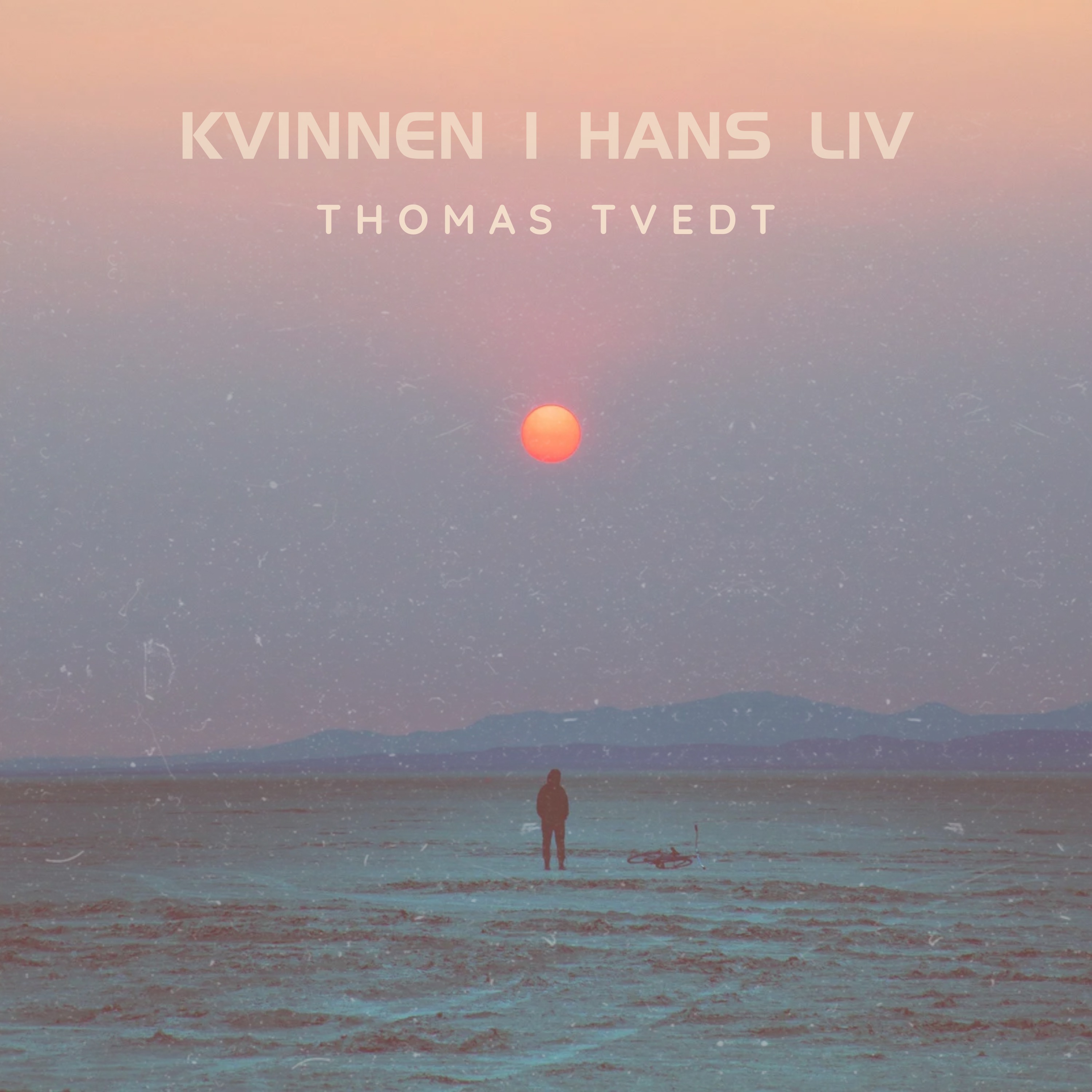Cover for «Kvinnen i hans liv»: en person står alene på en strand i dis ved solnedgang, med en liten rød sol lavt på himmelen.