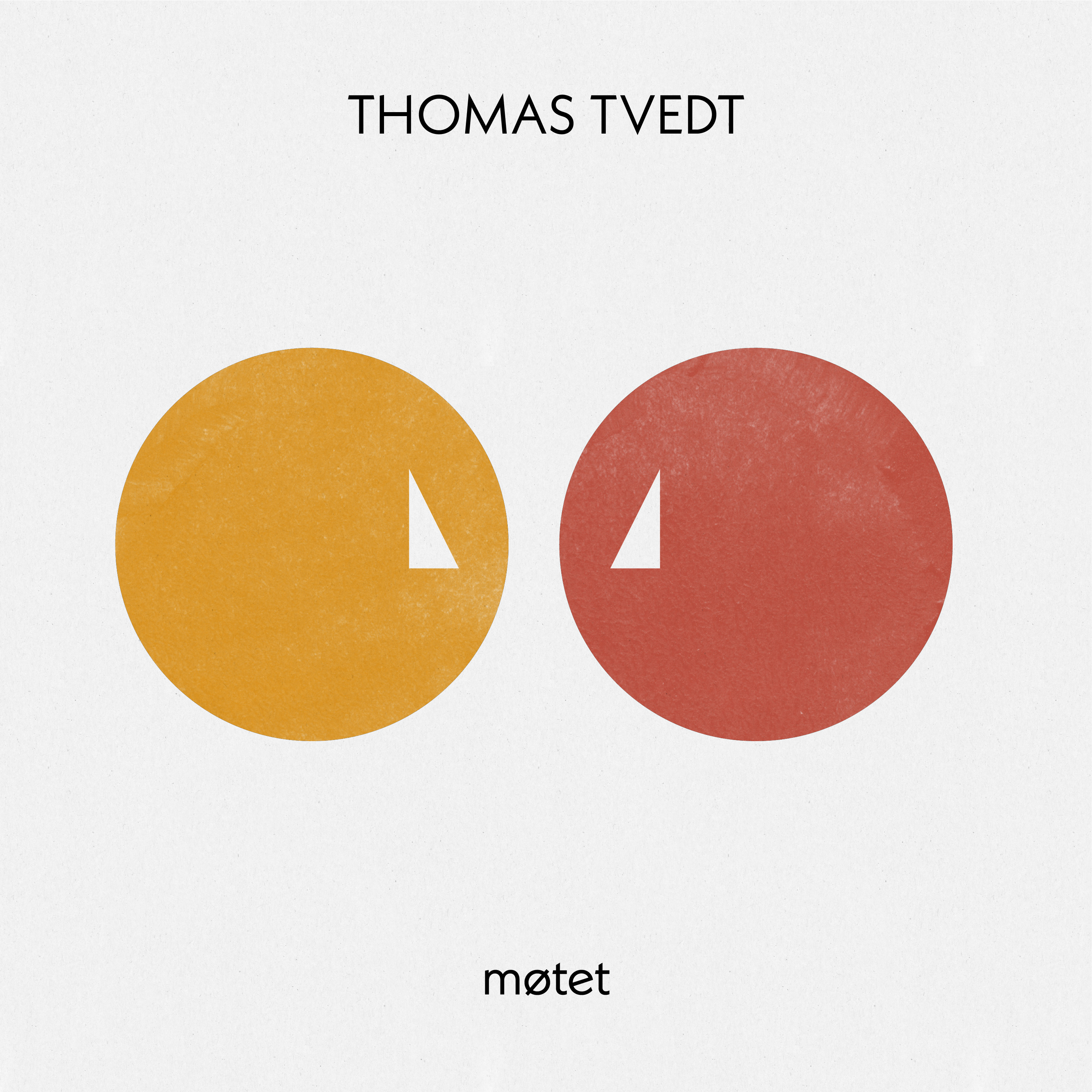Cover for «Møtet»: to store sirkler side om side, én okergul og én rustrød, på lys grå bakgrunn.